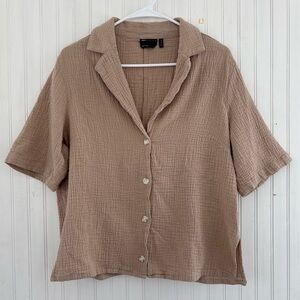 ASOS Women's Tan Brown 100% Cotton Gauzey Gauze Button Down Relaxed Fit Size 6